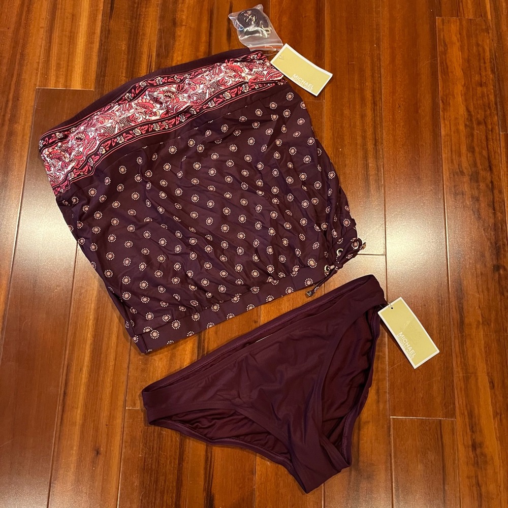 Michael Kors Tankini Swim Set Cordovan Floral Paisley 2 Piece Convertible New S